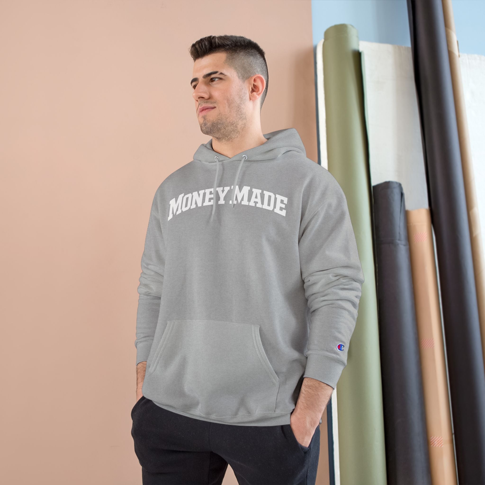 MoneyMade Champion Hoodie — Grey Motivational Streetwear Pullover